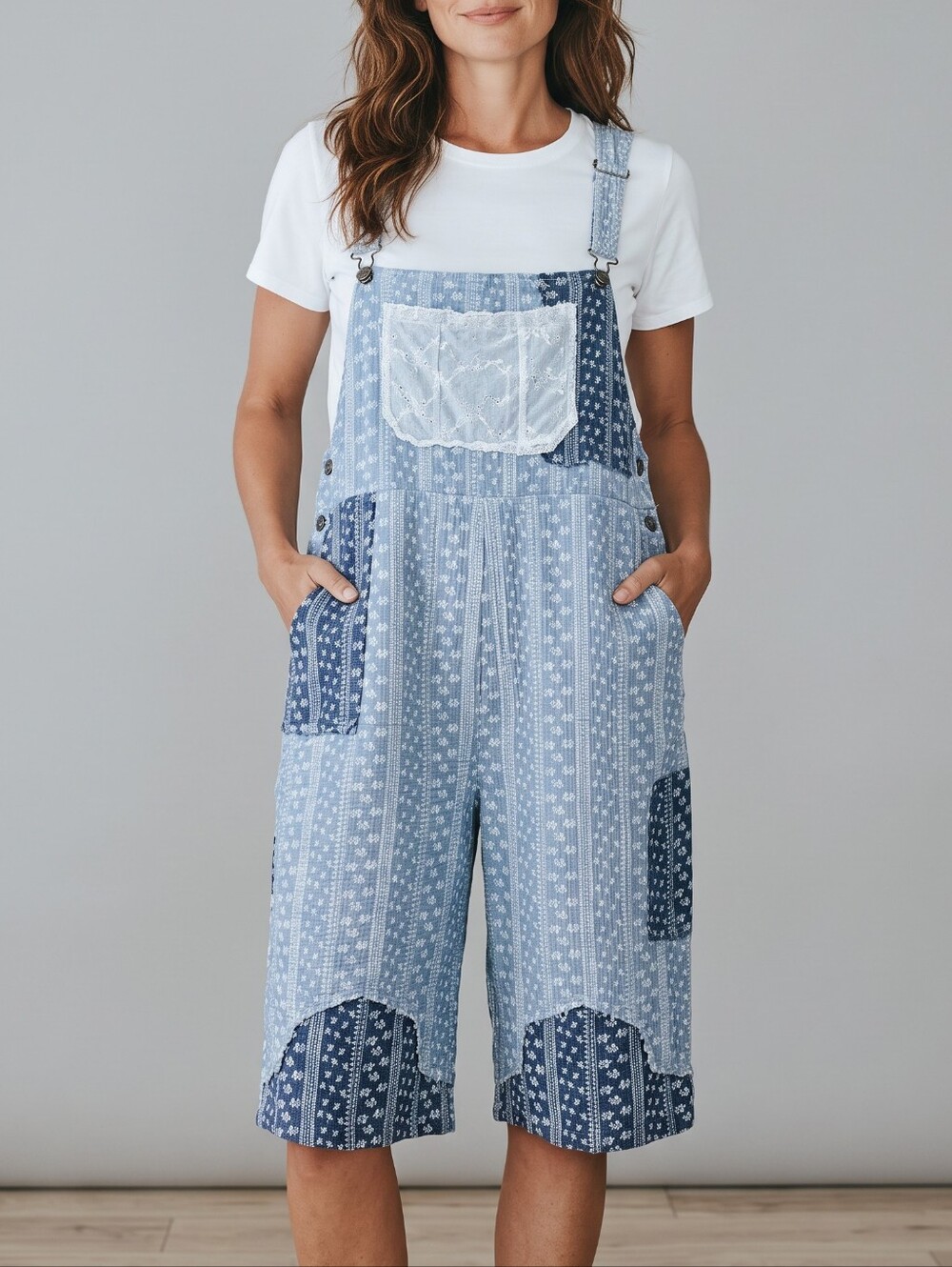 POL Printed Gauze Overalls With Contrast Patchwork